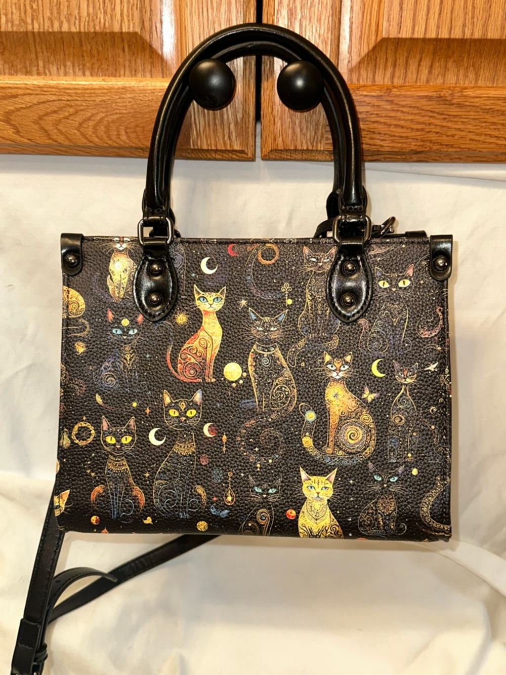 Cat Print Black Crossbody Bag with Top Handles “Lunacat”